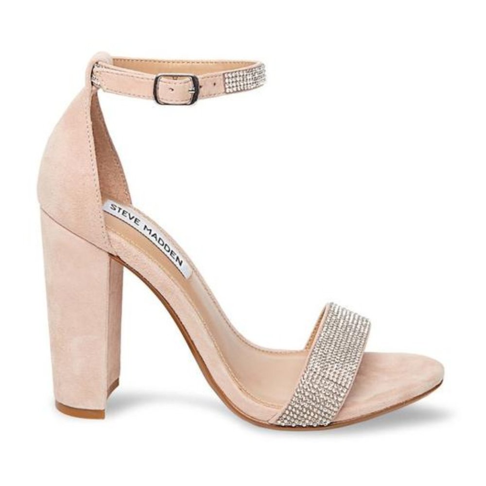 Carrson Rhinestone Suede Leather Ankle Strap Heel